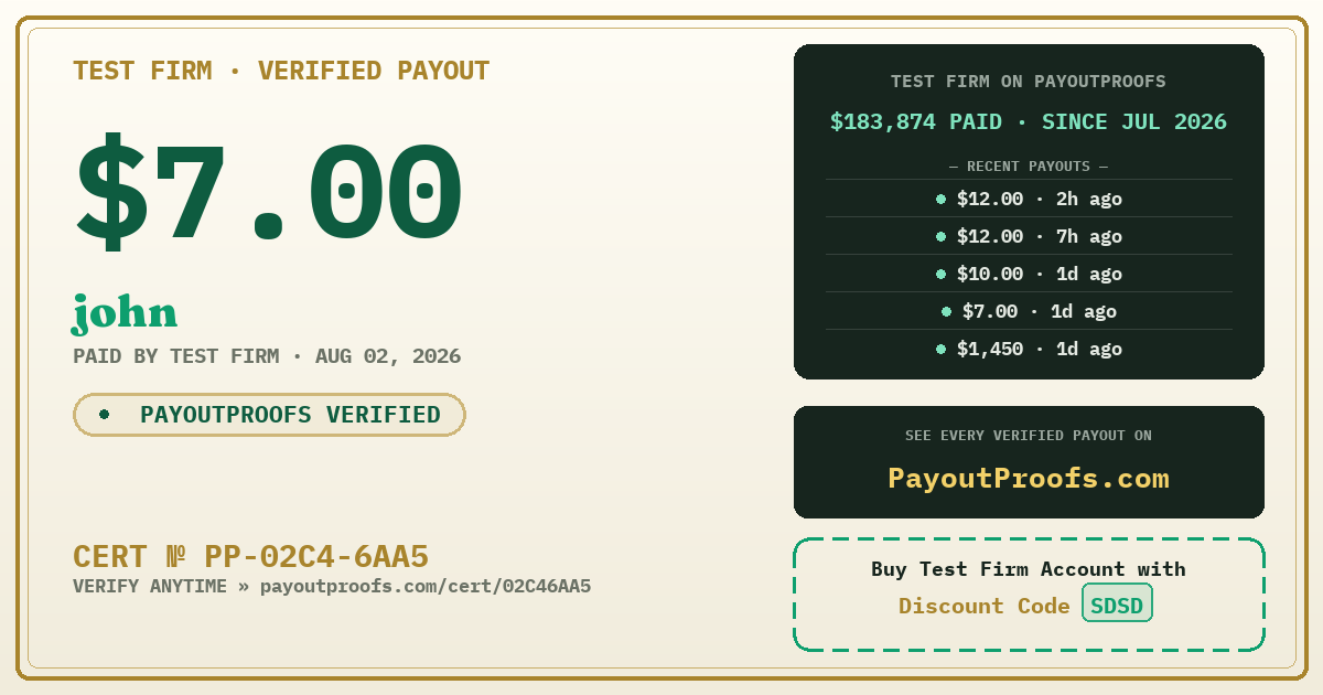 Verified payout certificate — exactly as it appears when shared