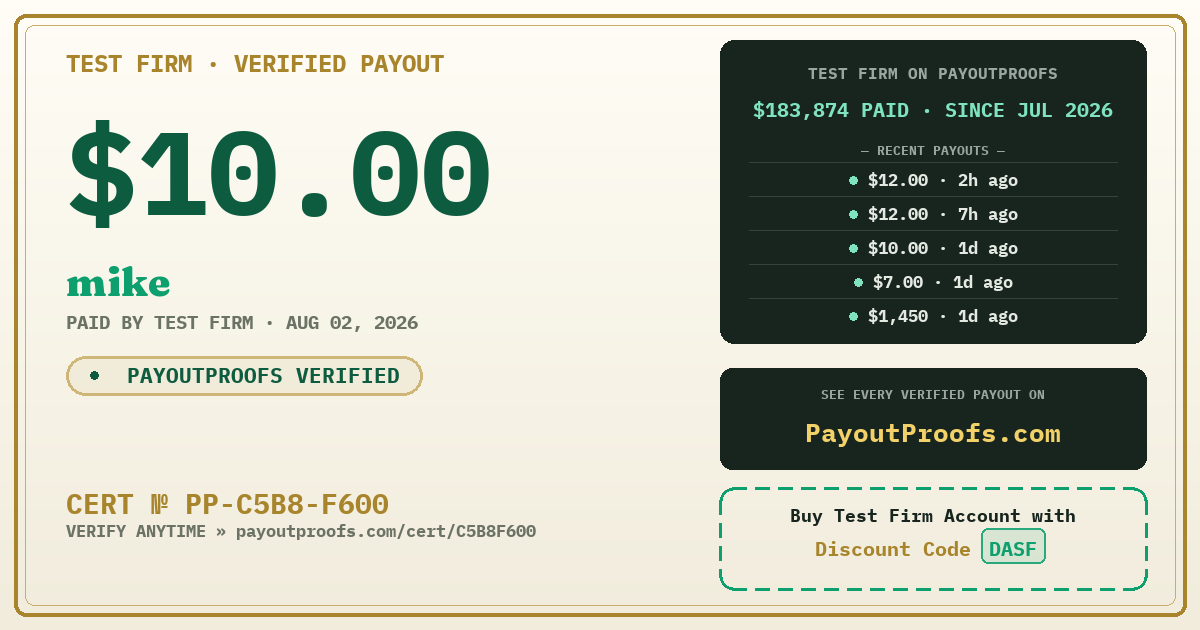 Verified payout certificate — exactly as it appears when shared