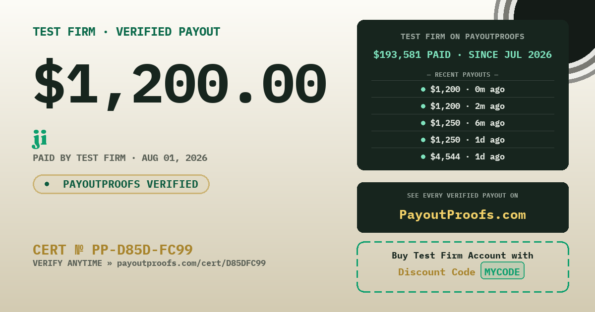 Verified payout certificate — exactly as it appears when shared
